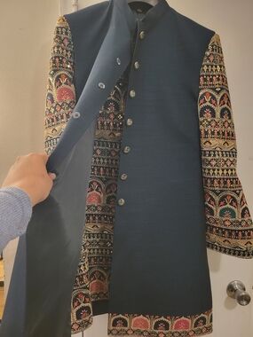 Men's Navy Dark Green Kurta Suit Sherwani Wedding Wear With Pants And Travel Bag
